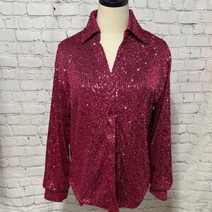 Rachel Zoe fully lined pink sequin button down blouse Size M Medium